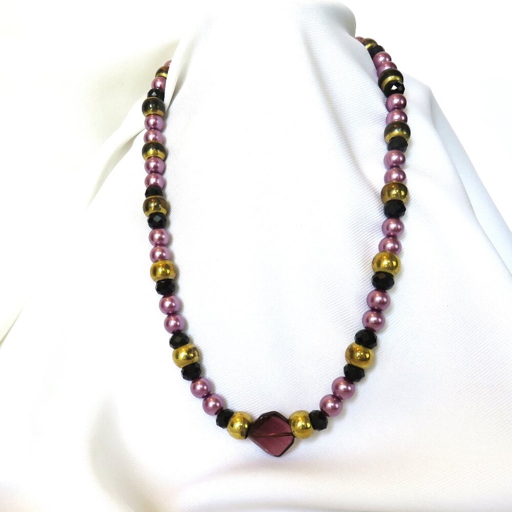 Purple Lilac Lavender Faux Pearl Gold and Black Bead Necklace.....126